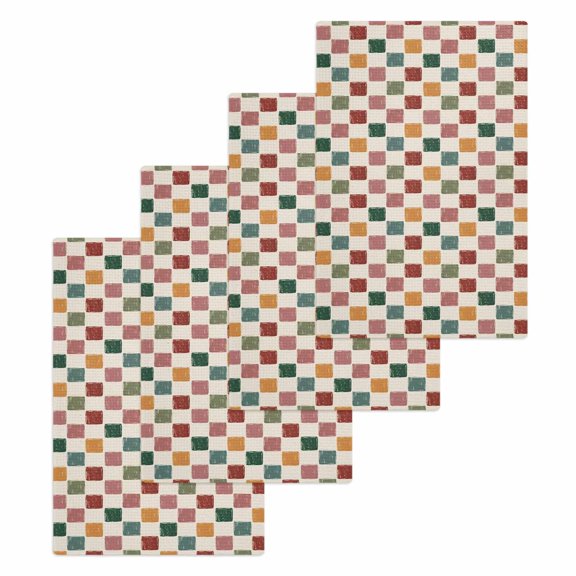 Colorful Checkered Kitchen Dish Towels for Drying Dishes Set of 4, Vintage Plaid Grid Geometric Beige Waffle Weave Microfiber Hand Tea Bathroom Towels Quick Dry & Absorbent Towel 15.7x23.6