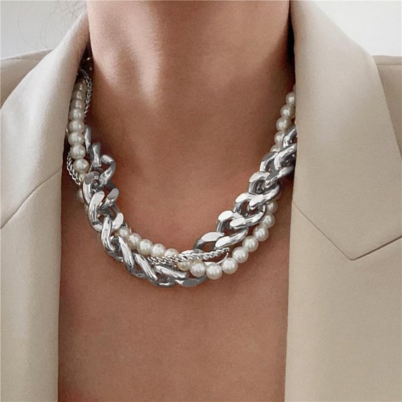Gold Layered Necklaces For Women Trendy Retro Pearl Necklace Silver Necklace Dainty Chunky Link Chain Choker Necklaces For Jewelry Birthday Gifts[o4851]