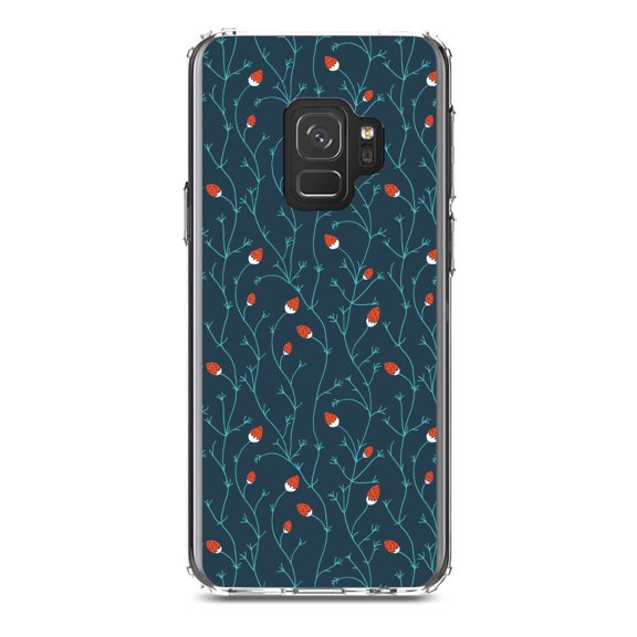 DistinctInk Clear Shockproof Hybrid Case for Samsung Galaxy S9 (5.8" Screen) - TPU Bumper, Acrylic Back, Tempered Glass Screen Protector - Modern Floral - Strawberry Vine - Teal Navy