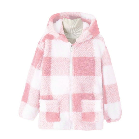 Teen Fleece Jacket Plaid Long Sleeve Zip Up Outerwear Hooded 10-11 Years Winter Coat Girl