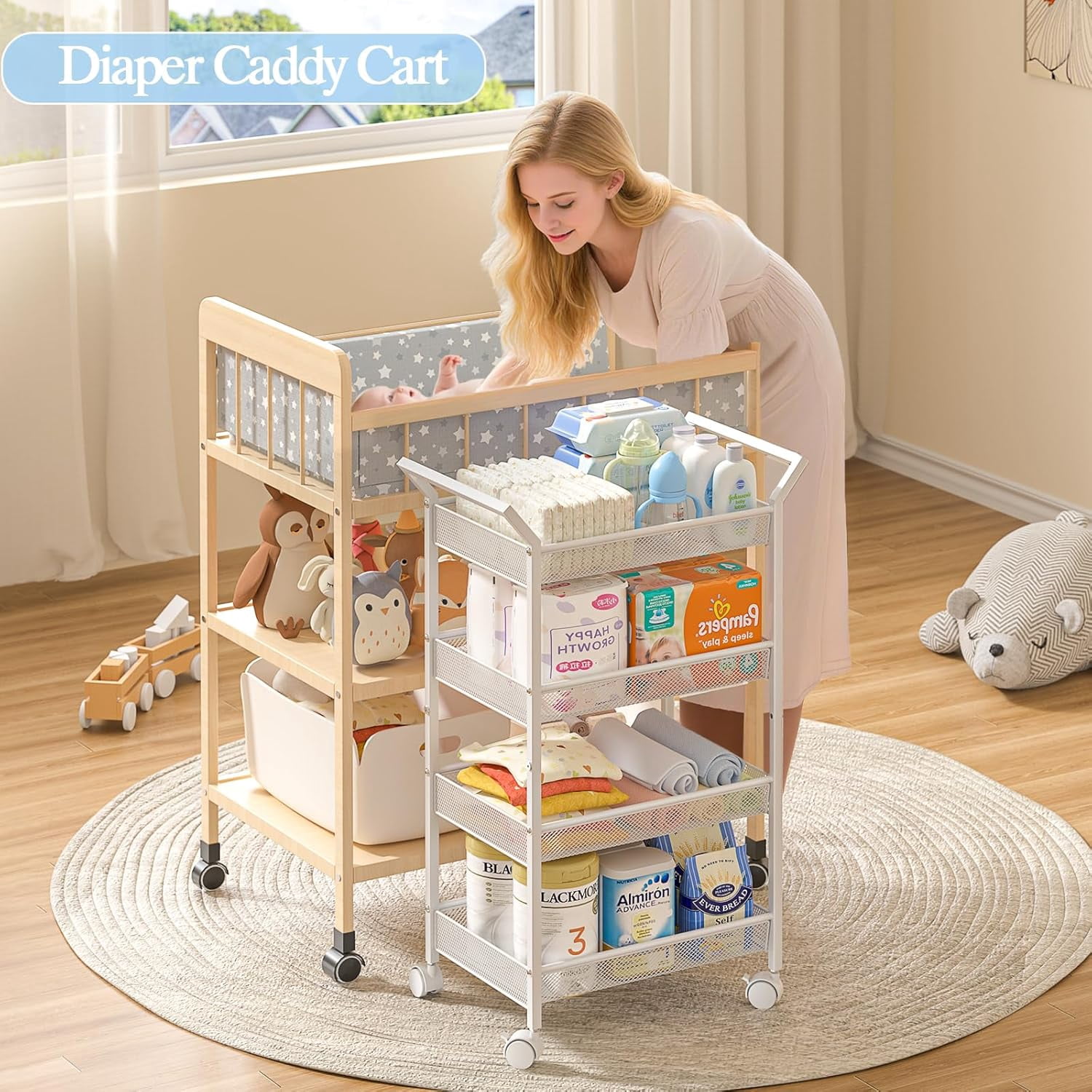 Baby Diaper Caddy Cart, 4-Tier Diaper Caddy Organizer and Storage, Rolling Utility Cart for Baby Supplies, Diaper Cart with Wheels for Bedroom, Nursery, Changing Table, White