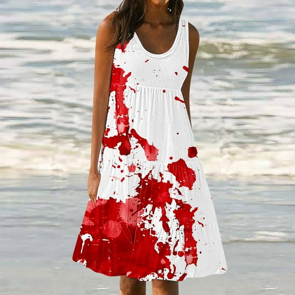 Viikei Women's Summer Casual Short Sleeve Dressy Dresses,Summer Dresses for Women Plus Size,Women's Summer Casual Loose Sleevless Crew Neck Dress Red S