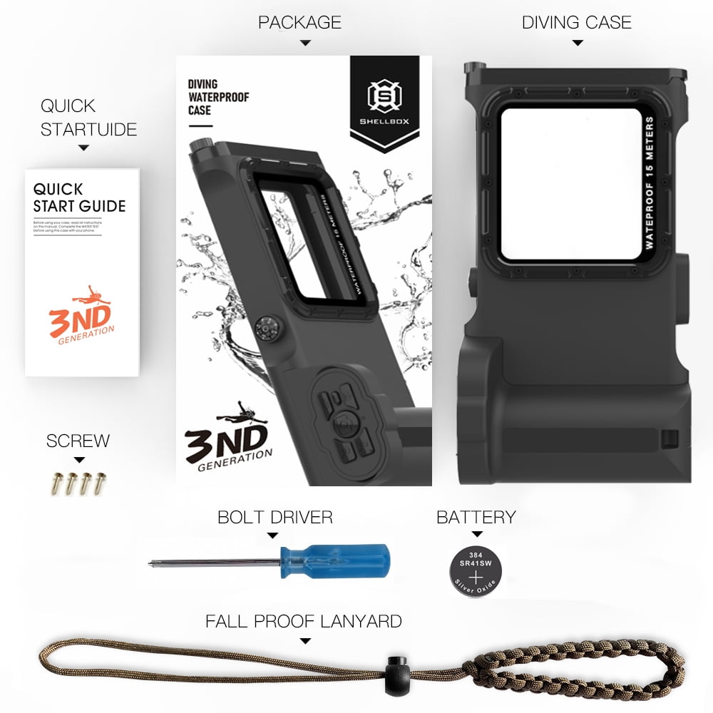New Updated Extreme Waterproof Underwater Diving, Snorkel Phone Case with Bluetooth Remote Control for All iPhone (Max, Plus, S), Samsung, LG, Google, Android Up to 50Ft, 15M with Lanyard Black