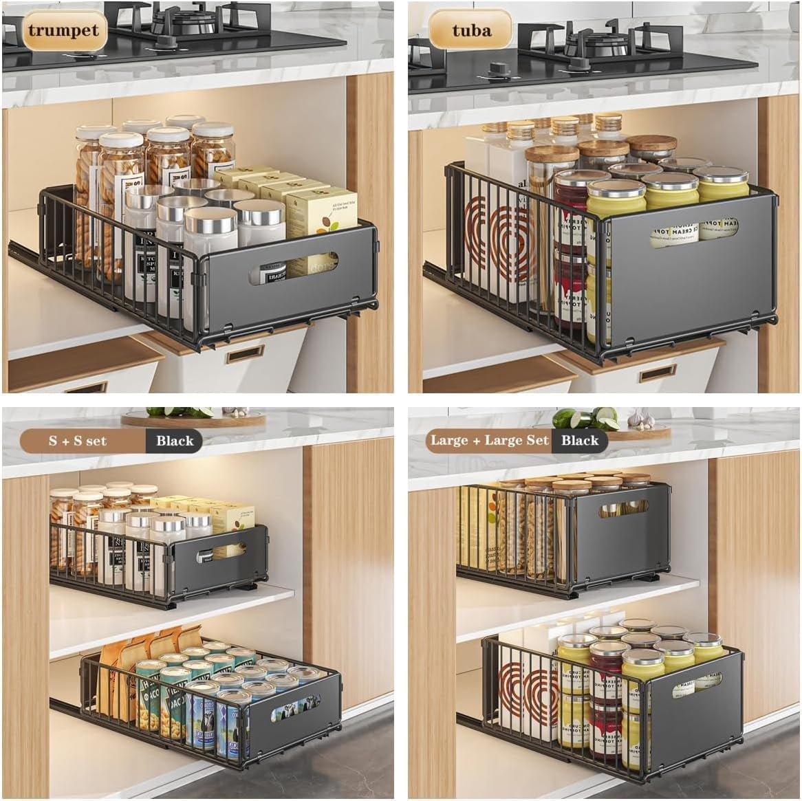 HOBLOC 2PCS Pull Out Cabinet Organizer for Kitchen,Slide Out Cupboard Organiser Drawer Storage Shelves,Sliding Cabinet Basket,No Drilling and Nailing,9.6" W X14.7 D X 3.9" H