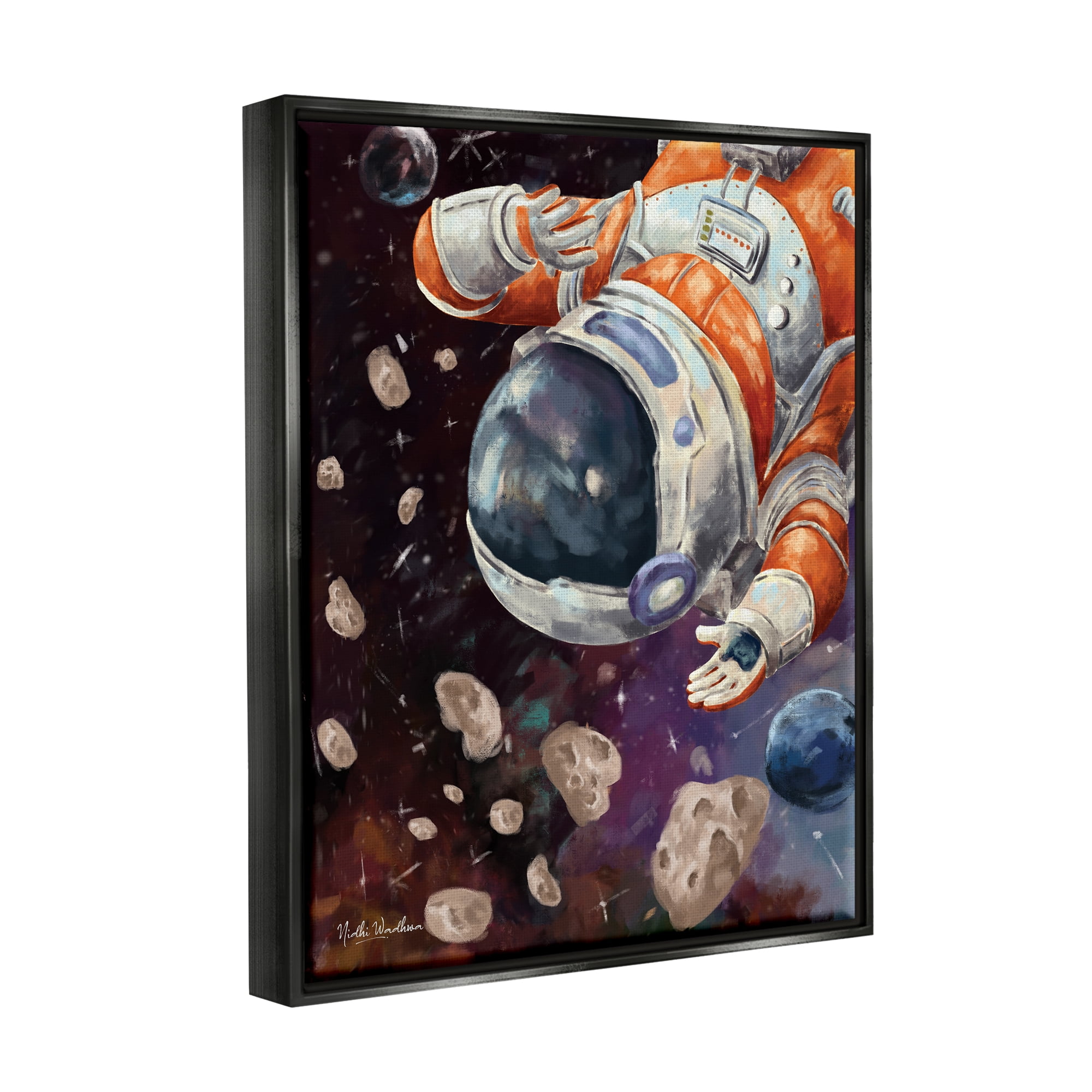 Stupell Industries Astronaut & Space Asteroids Art for Kids Painting Black Floater Framed Art Print Wall Art, 25 x 31
