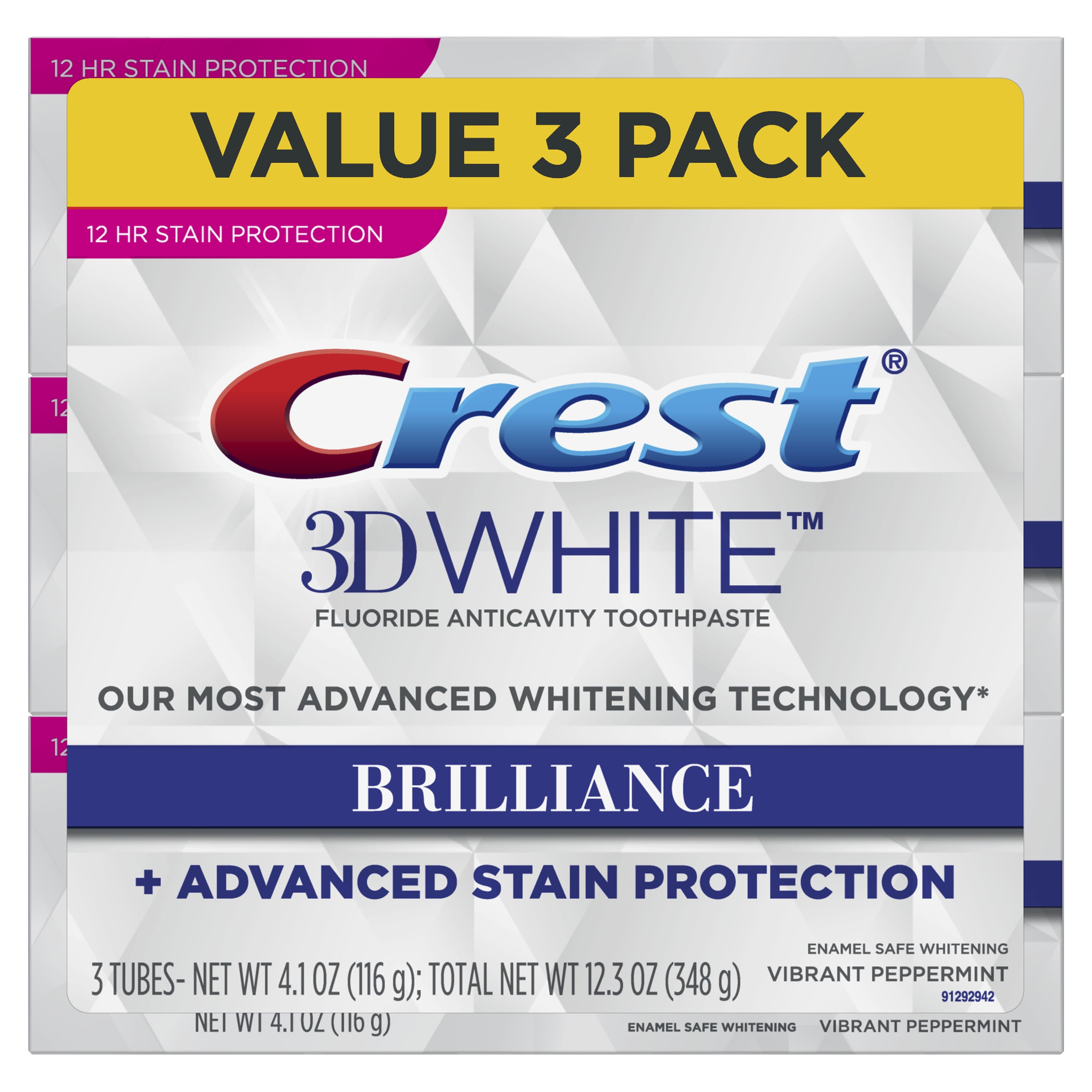Crest 3D White Brilliance Vibrant Peppermint Toothpaste, 4.1 oz, Pack of 3