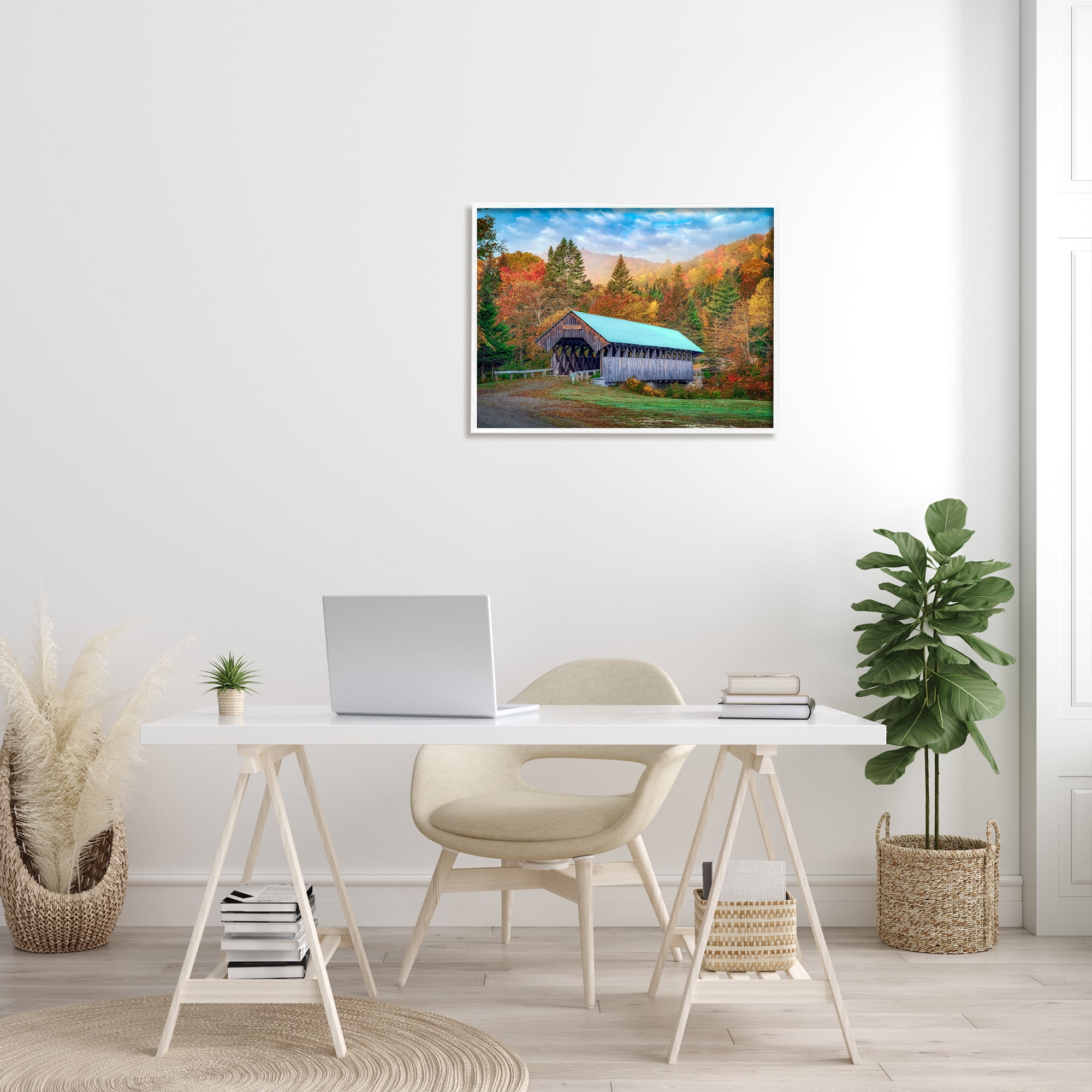 Stupell Woodland Covered Bridge Mountain Foliage Landscape Photography White Framed Art Print Wall Art