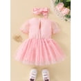 thumbnail image 3 of Seyurigaoka Newborn Girl Dress Outfits, Solid Color Short Sleeve Mesh Patchwork Dot Pattern Dress + Cute Headband Set, 3 of 9