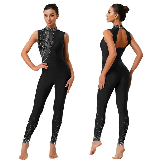 Fldy Womens Sparkly Rhinestone Gymnastics Romper Sleeveless Unitard for Rhythmic Dance Competition Black L