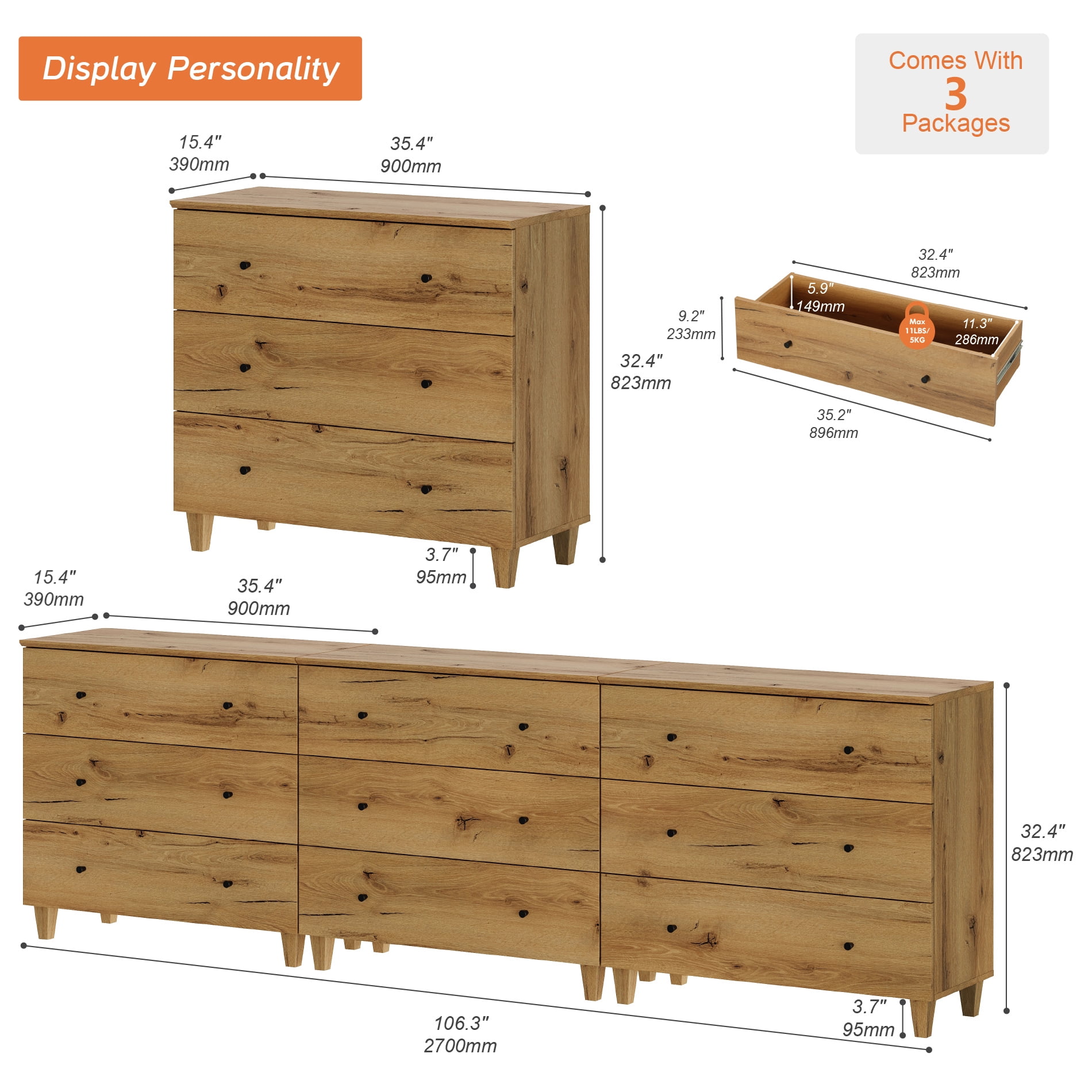 WAMPAT Dresser and Nightstands Set of 5, Wood Dressers with 9 Drawers, 2 Pieces Nightstands with Charging Stations for Living Room, Dark Brown Wood