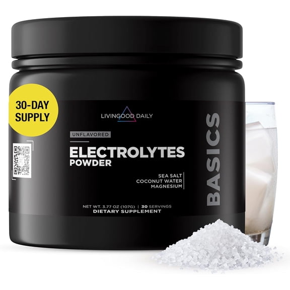 Livingood Daily Electrolytes Powder, Electrolytes Hydration Powder with Magensium, Potassium, Sea Salt and Coconut Water Sugar Free Electrolyte Drink Mix, Keto, Gluten Free, Unflavored, 30 Servings