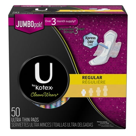 U by Kotex CleanWear Ultra Thin, Regular Pads with Wings, Unscented, 50 Ct