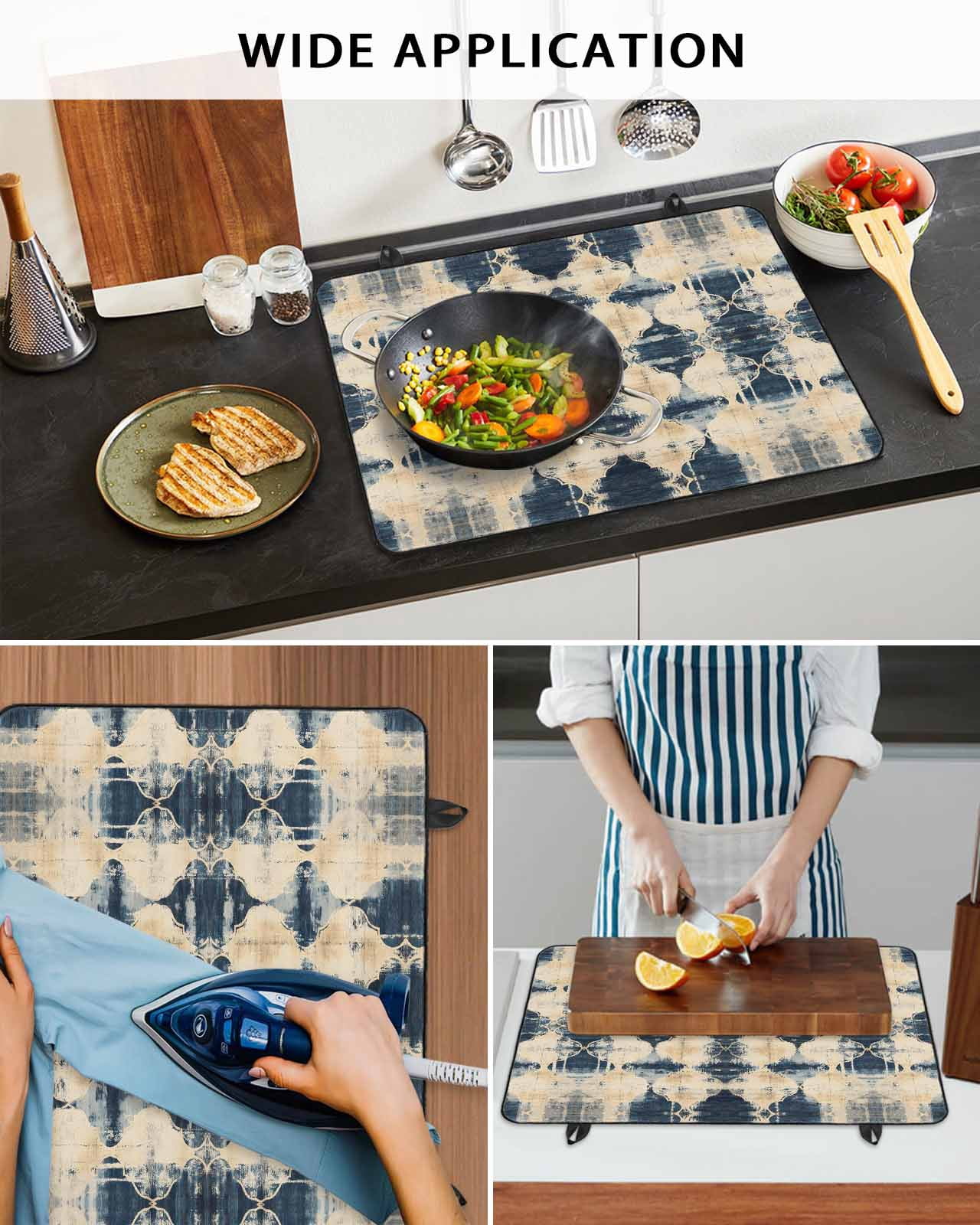 nqOlkjepod Large Induction Cooktop Protector Mat 36"x21", Dark Blue Boho Stove Top Covers for Electric Stove, Vintage Shabby Chic Abstract Motifs Stove Burner Cover Mats, Glass Top Stove Cover