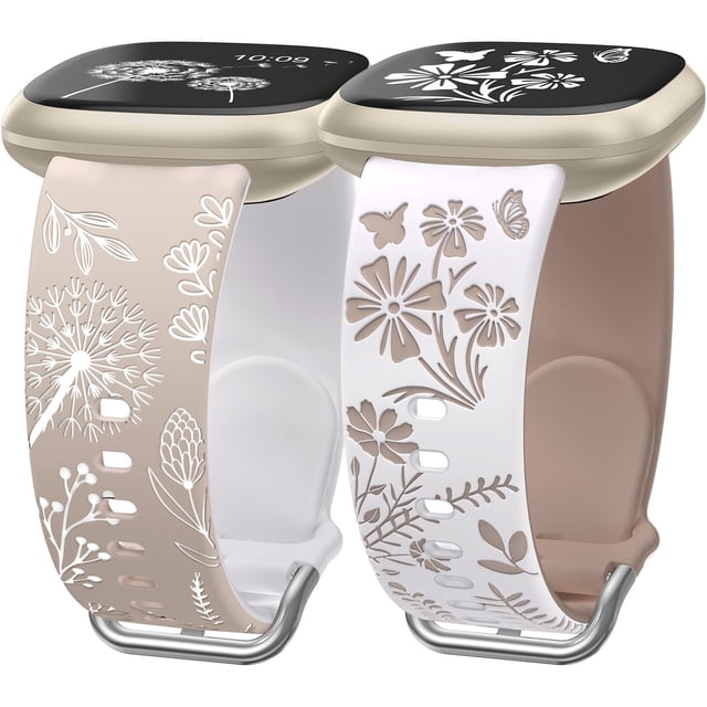Wearlizer 2 Packs Compatible with Fitbit Versa 4 Bands/Versa 3 Bands/Sense 2 Bands/Sense Bands for Women, Pretty Two-tone Floral Engraved Silicone Straps, Cute Flower Pattern Sport Wristband Bracelets