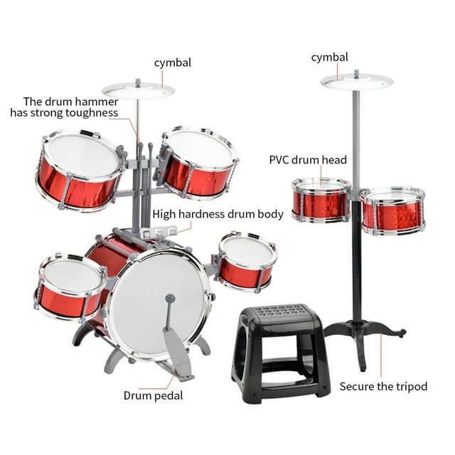 Set Drum Set Jazz Drum Kit with Stool 7 Drums Musical Percussion Instruments for Beginner Holiday Gifts Thickened PVC Drumhead Easy Installation