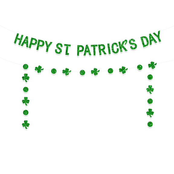 Happy St. Patrick's Day Glitter Banner with Shamrock Garland, Green, Party Decoration Set