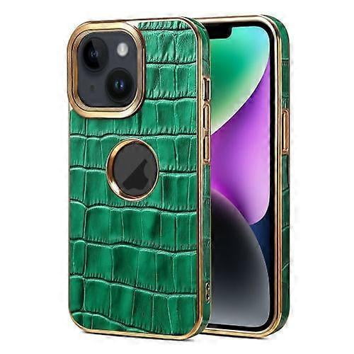 For iPhone 15 Denior Crocodile Texture Genuine Leather Electroplating Phone Case