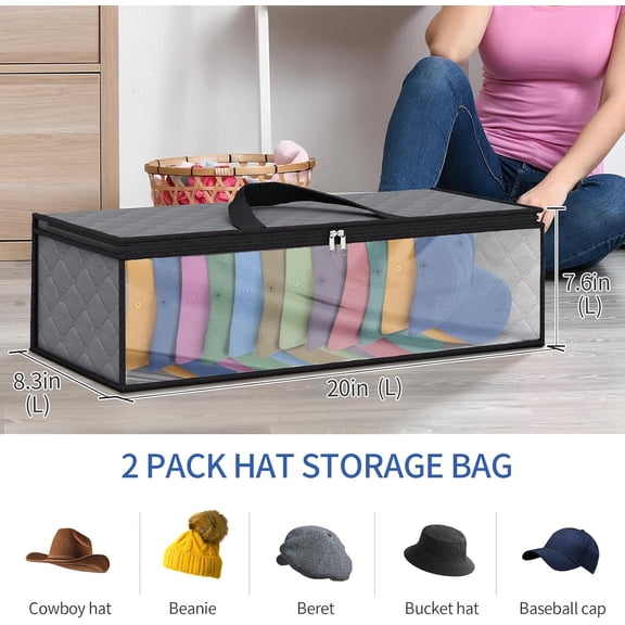 2 Pack Oversized Clear Hat Storage Bag for Women, Holds up to20 Caps Cowboy Hat Organizer for Closet, Wide Brims Hat Case with Carrying Handles