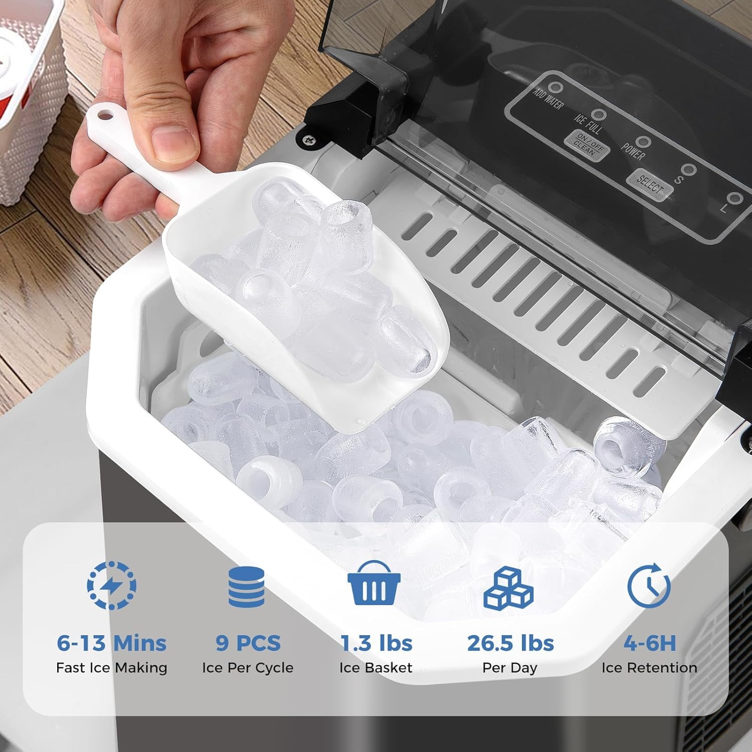 XYGOO Countertop Ice Maker with Self-Cleaning, 9 Ice Cubes Ready in 6-13 Mins, 26.5Lbs/24H, 2 Sizes of Bullet Ice, Portable Ice Machine with Handle, Ice Scoop and Basket for Home Office (Black)