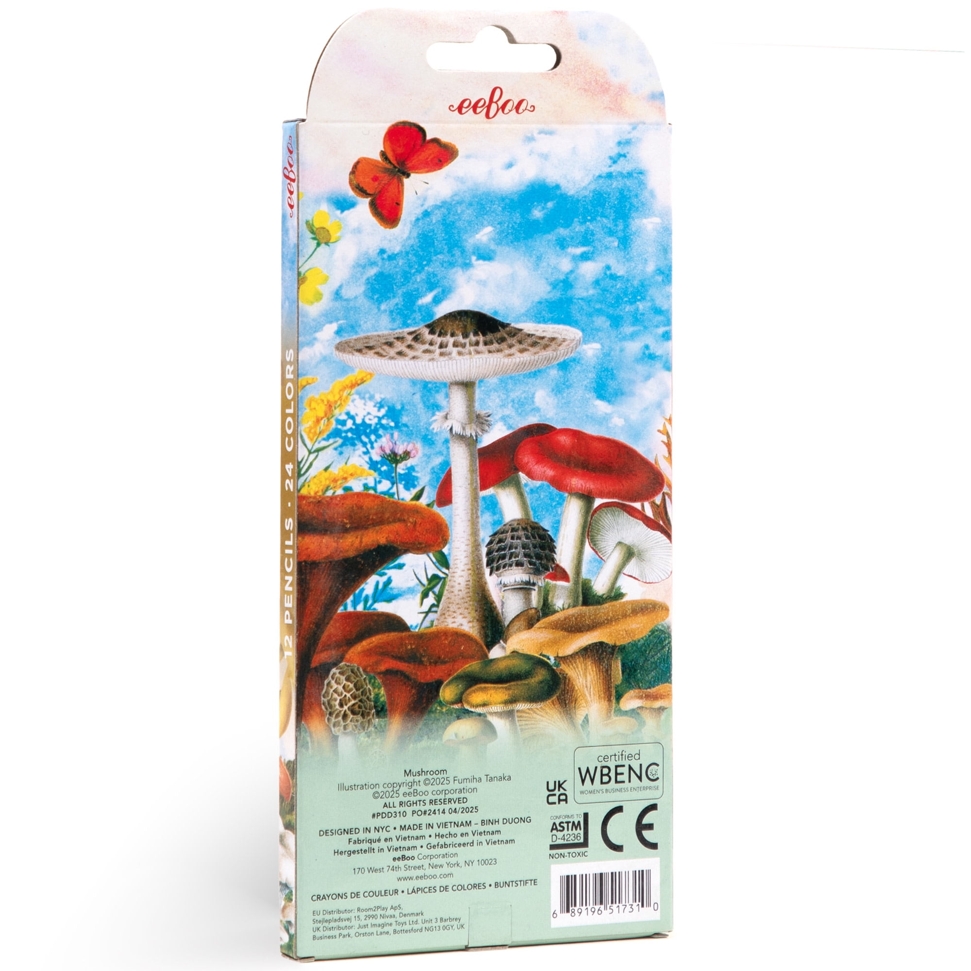 eeBoo: Double-Sided Color Pencils – Mushroom - 12pc Set, 24 Vibrant Metallic & Fluorescent Shades, Silver Foil Barrels, Kids Art & Drawing Supplies
