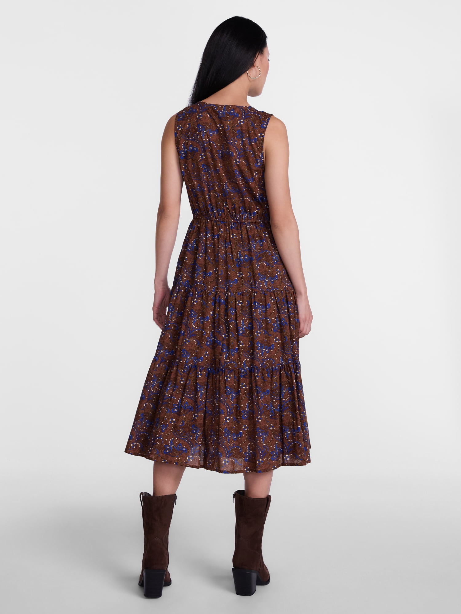 Scenario Women's and Women's Plus Sleeveless Tie Neck Tiered Midi Dress, Sizes XS-4X
