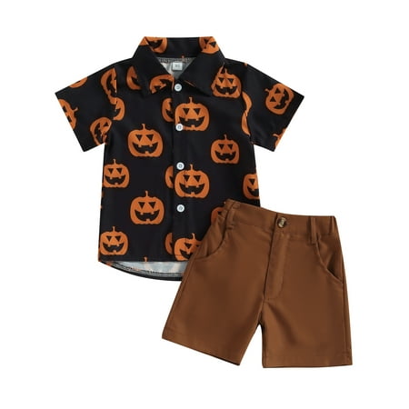 

Wallarenear 2Pcs Baby Boy Halloween Pumpkin Print Button Down Shirt Tops Elastic Shorts