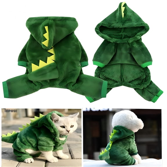 GASTROPOD Dog Plush Outfit with Hood Pet Dinosaur Costume Pet Dino Hoodies Warm Dragon Coat Four-Leg Jumpsuit Cute Winter Clothes for Cats and Small to Xx-Large Dog (Xs Green)