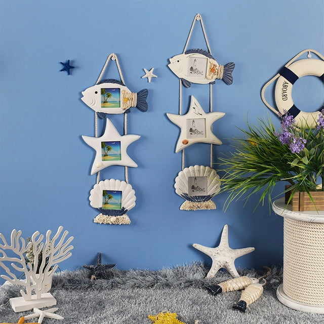 Vrorvz Mediterranean Style Wall Hanging Photo Frame Set with Theme Small Fish Starfishes Design for Home Decor Supports Personalized Photos for Living Room or Study