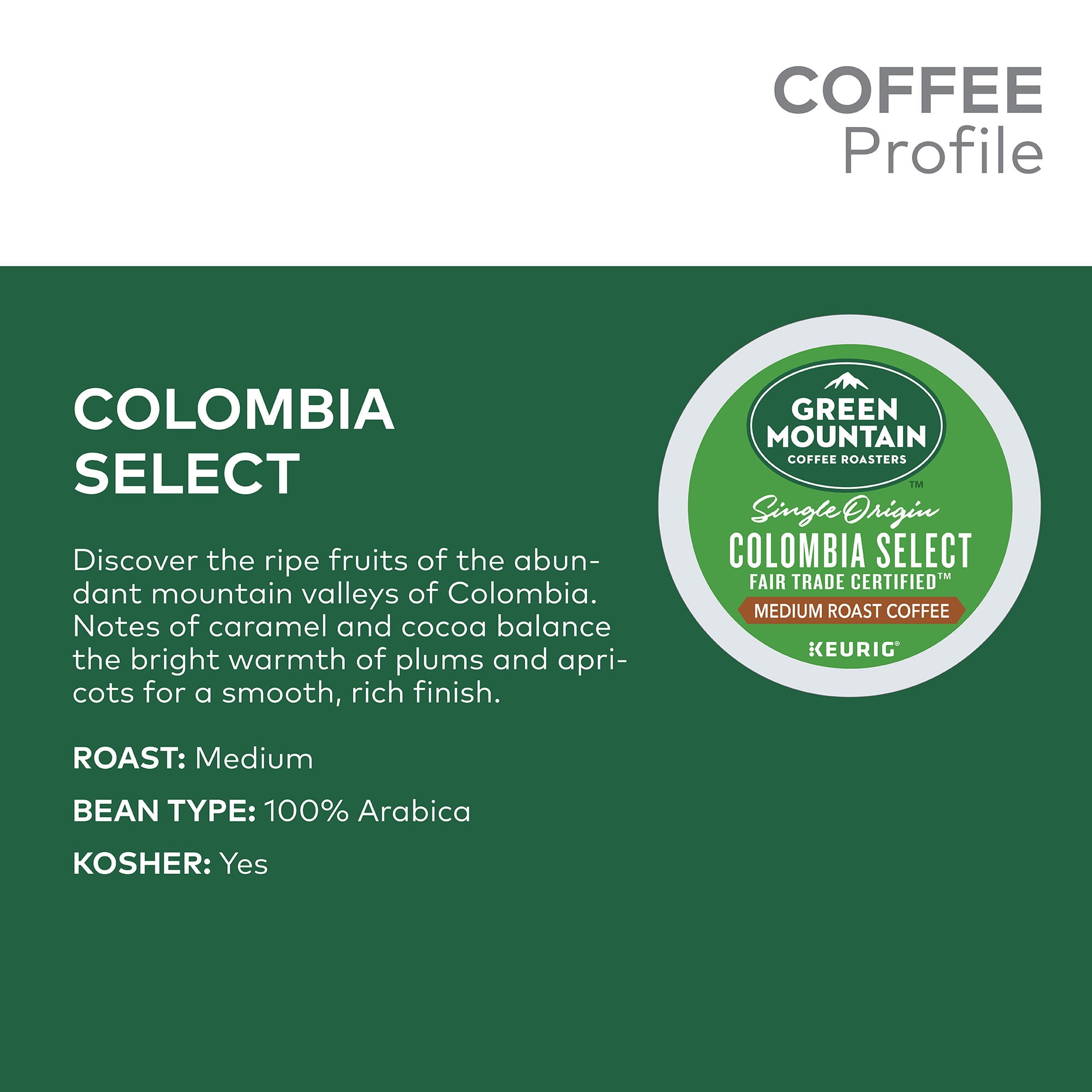 Green Mountain Coffee Colombian Fair Trade Select, Keurig K-Cup Pods, Medium Roast, 18 Count