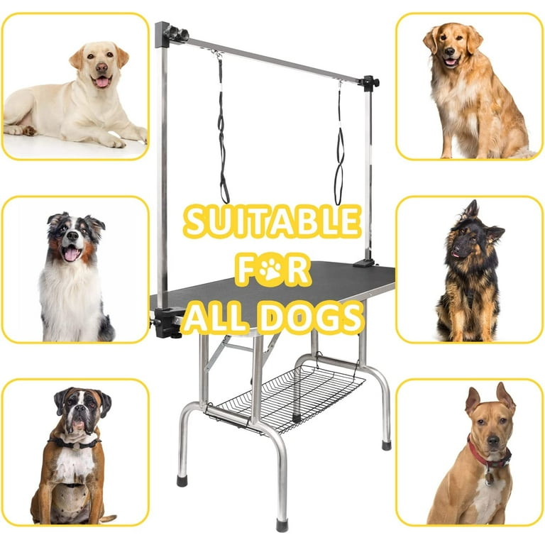 Vivifying 30 INCH Pet Grooming Table Stainless Legs and Arms Black Rubber Top Storage Basket