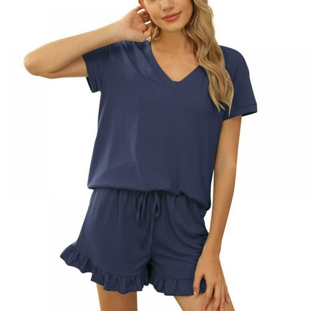 Womens Solid Pajamas Set V Neck Short Sleeve Tops and Shorts Sleepwear Loungewear Ruffle Hem Nightwear Set