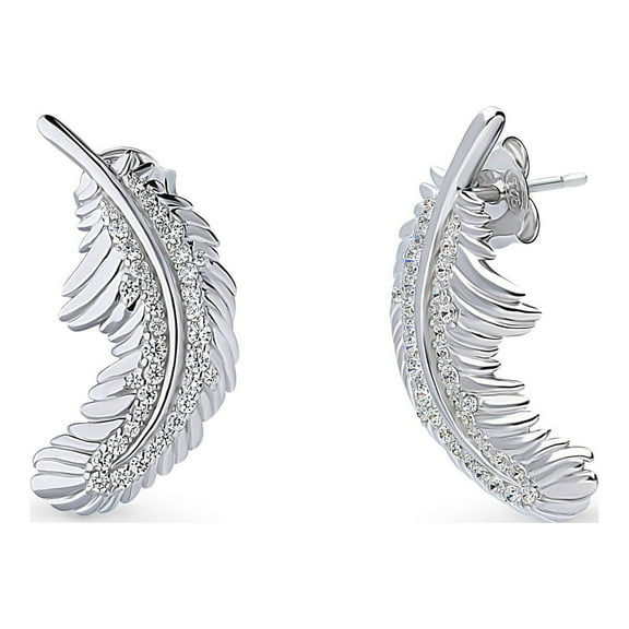 BERRICLE Sterling Silver Feather Cubic Zirconia CZ Fashion Stud Earrings for Women, Rhodium Plated