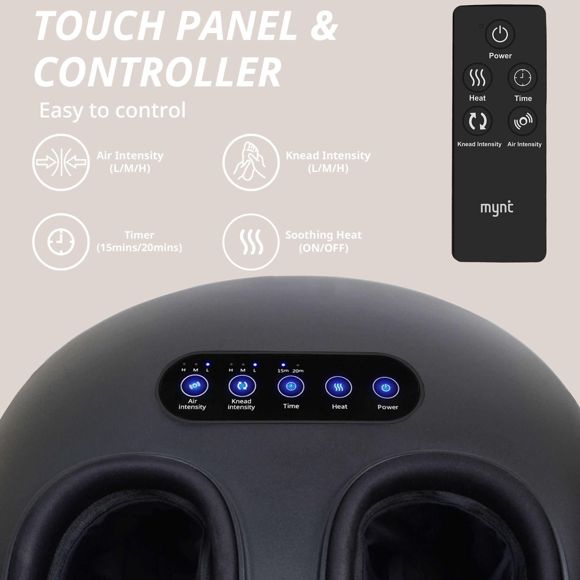 MYNT Foot Massager with Heat, Shiatsu Foot Massage with Remote, Kneading & Rolling, Air Compression, Black