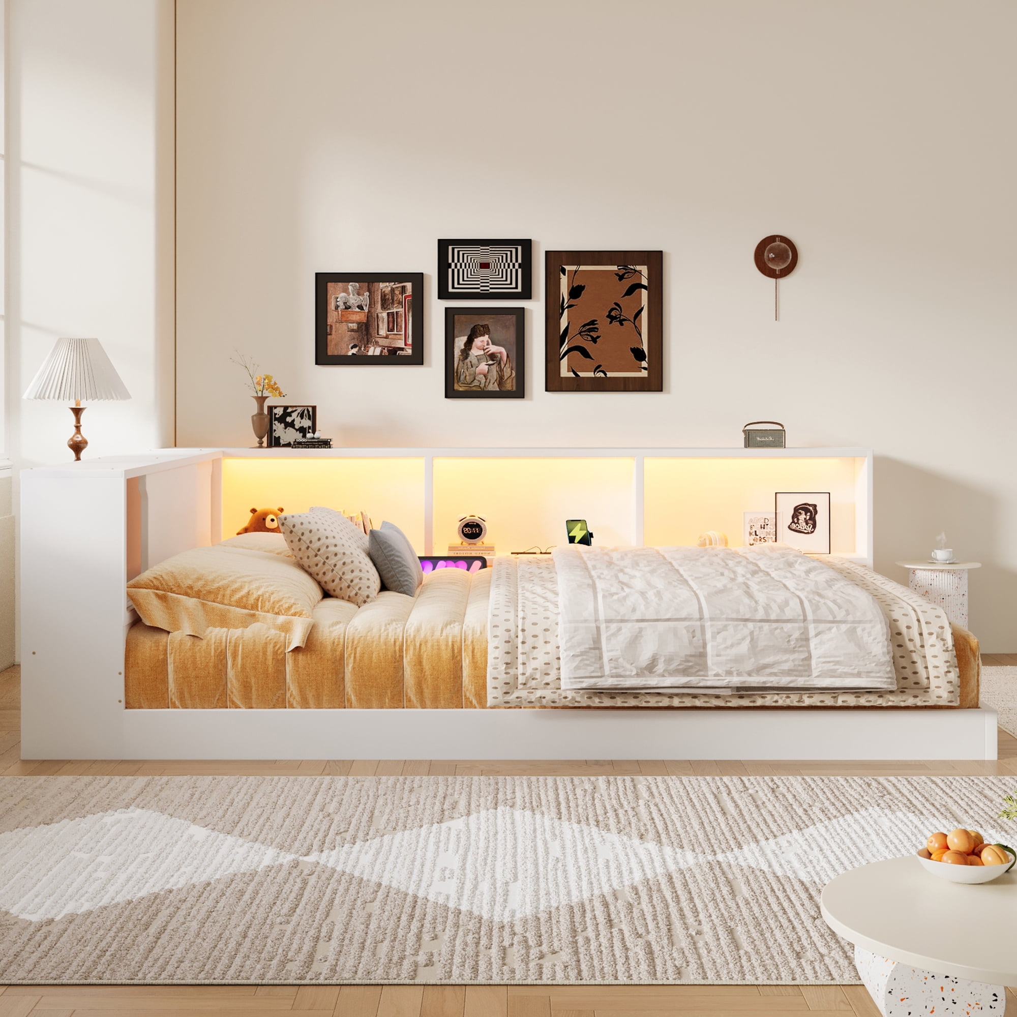 Euroco Wood Queen Size Daybed with Storage Shelves, USB Ports and LED Light, White