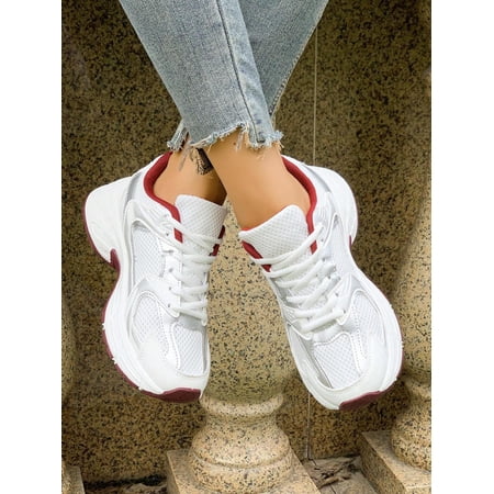 American Retro Contrast Color Running Shoes Mesh Breathable Fabric Thicksole Cushioning Casual Sneakers for Campus Street Daily Wear