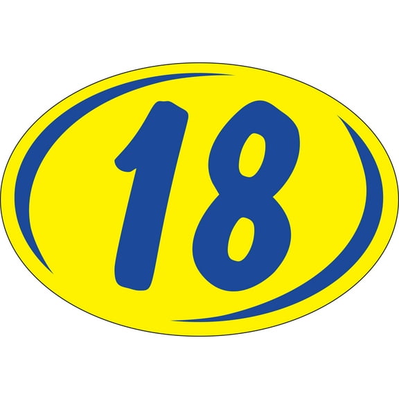 SSWBasics Oval 2-Digit Year Sticker - Blue/Yellow - "18" - 8ĘşL x 5 1/2ĘşH - Pack of 12