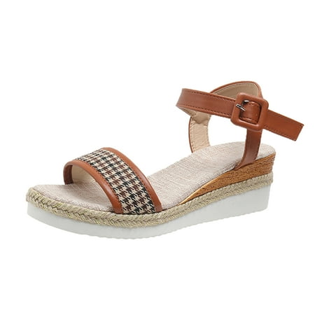 

GWAABD Slide Wedge Sandals for Women Ladies Fashion Summer Thousand Bird Checker Fabric Clasp Wedge Heel Thick Sole Sandals