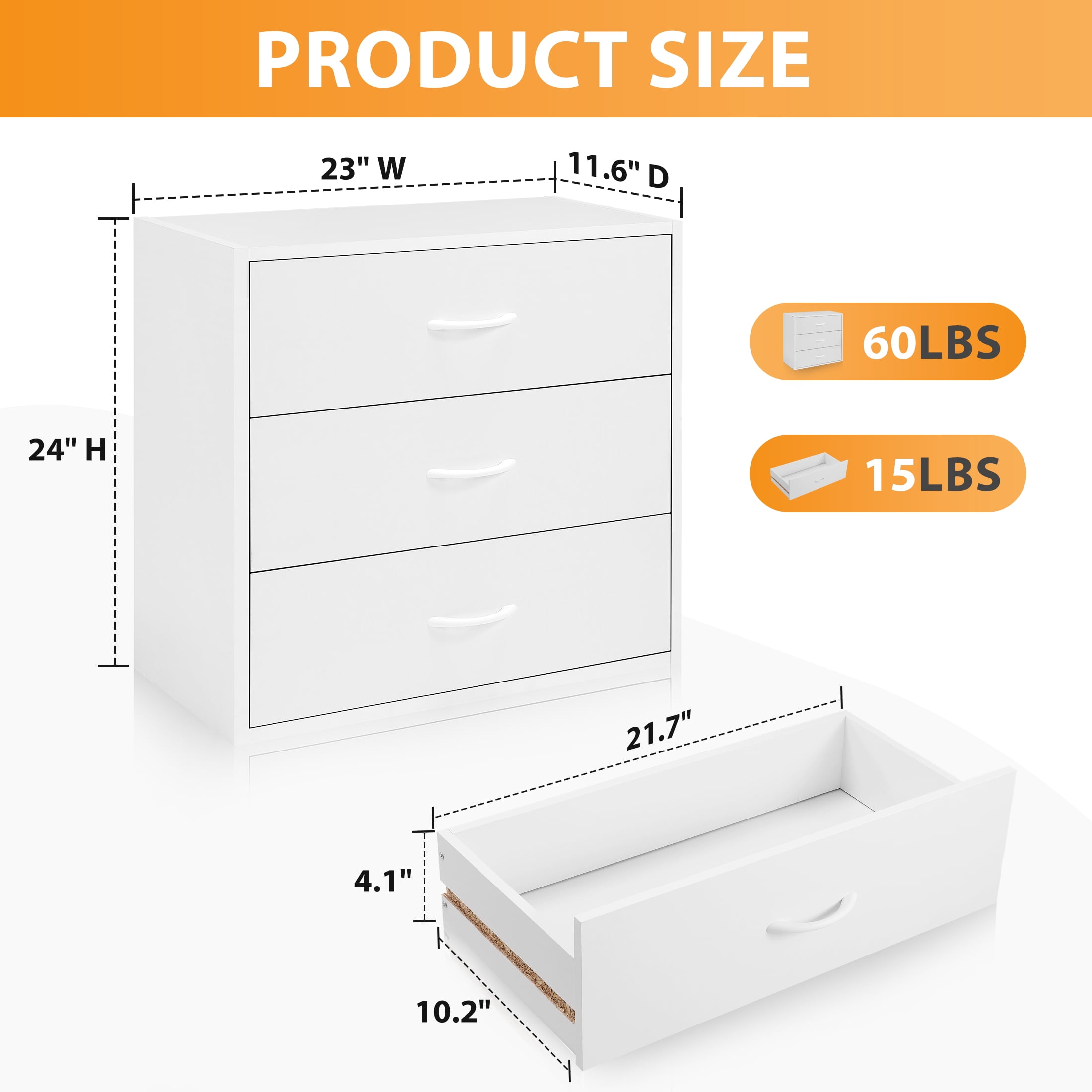 Prilinex Stackable 3 Drawer Dresser Set of 2, White Dresser for Bedroom with Wide Drawers, Wooden Small Dresser for Closet, Living Room, Entryway, Home Office, 23"W x 11.6"D x 24"H