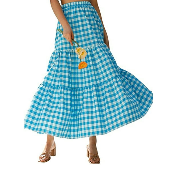 VISgogo Falda de verano para mujer Boho cintura elástica plisada A-Line Flowy Layered Long Beach Falda con bolsillos VISgogo moda