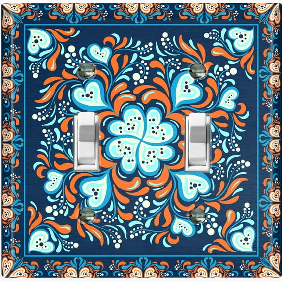Metal Light Switch Plate Cover Blue Orange Flower Heart Mandala Tile Pattern TIL027