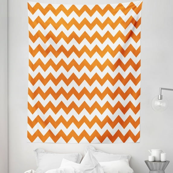 Autumn Tapestry, Halloween Pumpkin Color Chevron Traditional Holidays Autumn Season Celebrate, Fabric Wall Hanging Decor for Bedroom Living Room Dorm, 5 Sizes, Orange and White, by Ambesonne