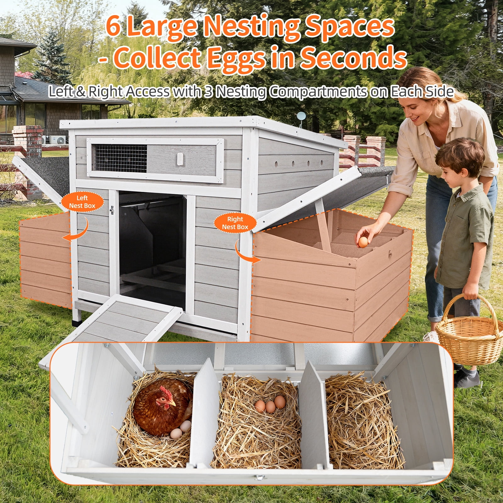 Wooden Chicken Coop with 2 Sides Nesting Boxes, Outdoor Weatherproof Hen House Poultry Cage, Ventilated Predator-Proof Chicken Hutch with Secure Latches for Backyard Farm