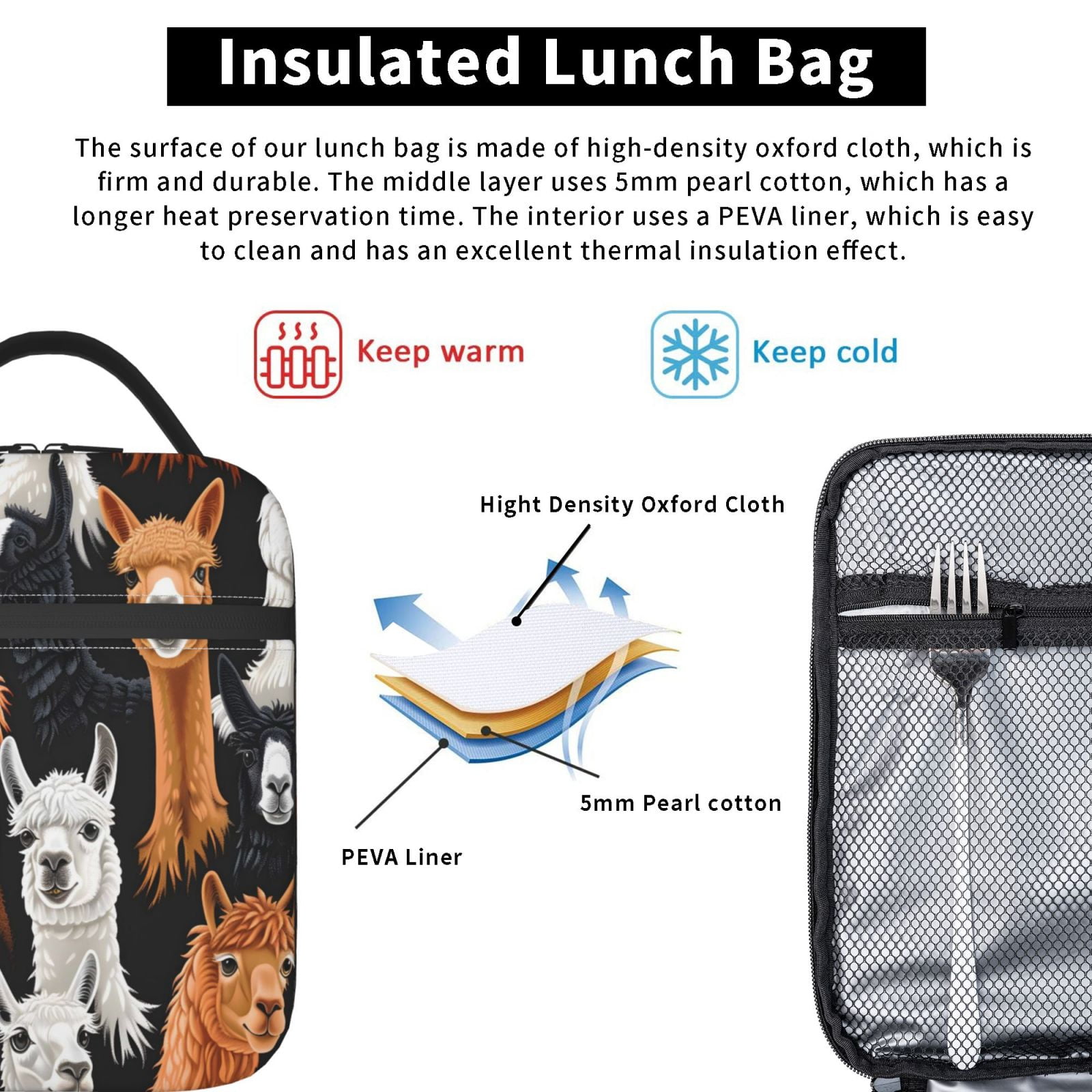 Lunch Bag For Women Men Insulated Portable Lunch Box Bento Box Office Picnic Travel Cooler Bag Funny Llamas Alpacas (1)