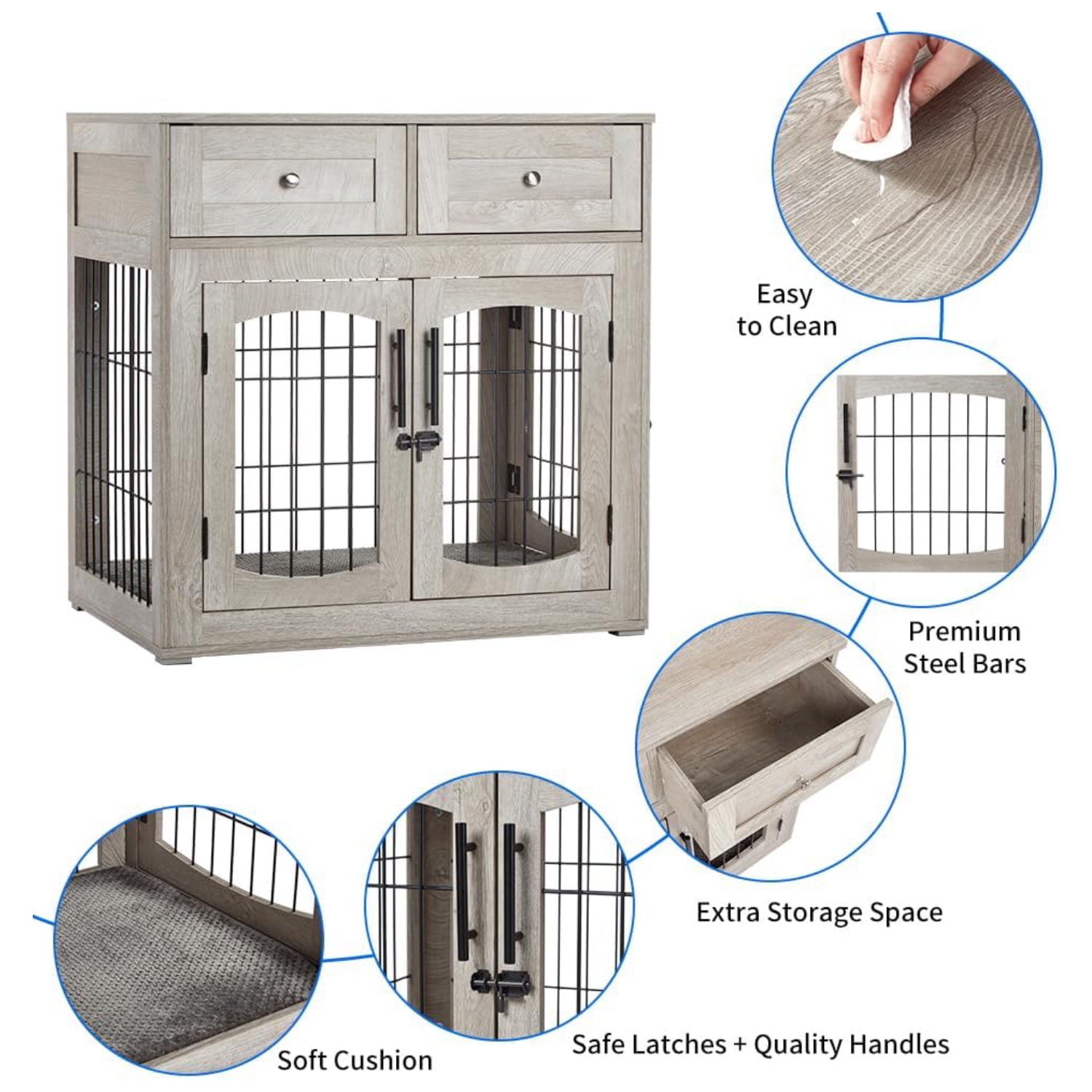Emorefun Wooden Dog Crate Furniture, 40" Heavy Duty Dog Kennel with Cushion & Drawers for Indoor, Gray