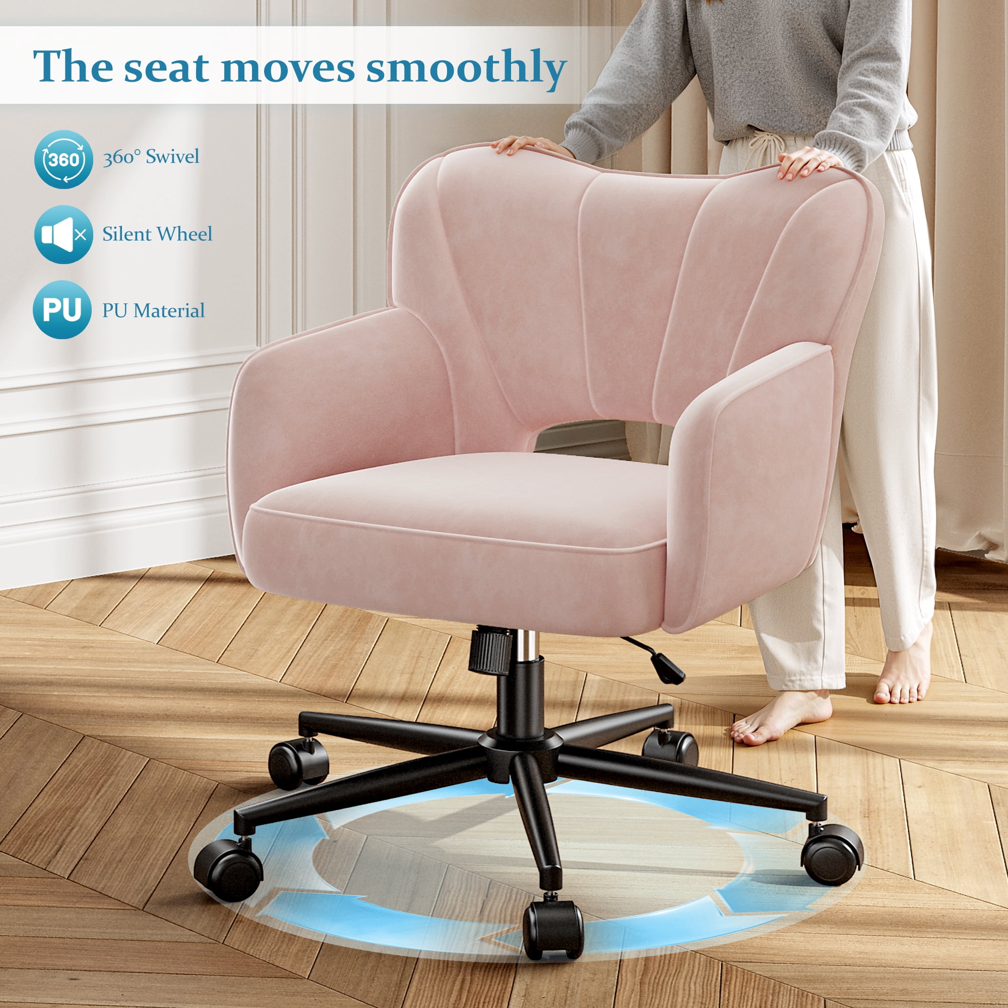 Romorgniz Vanity Chair with Wheels & Back Desk Chair Adjustable Height for Makeup, Work & Relaxation, Pink