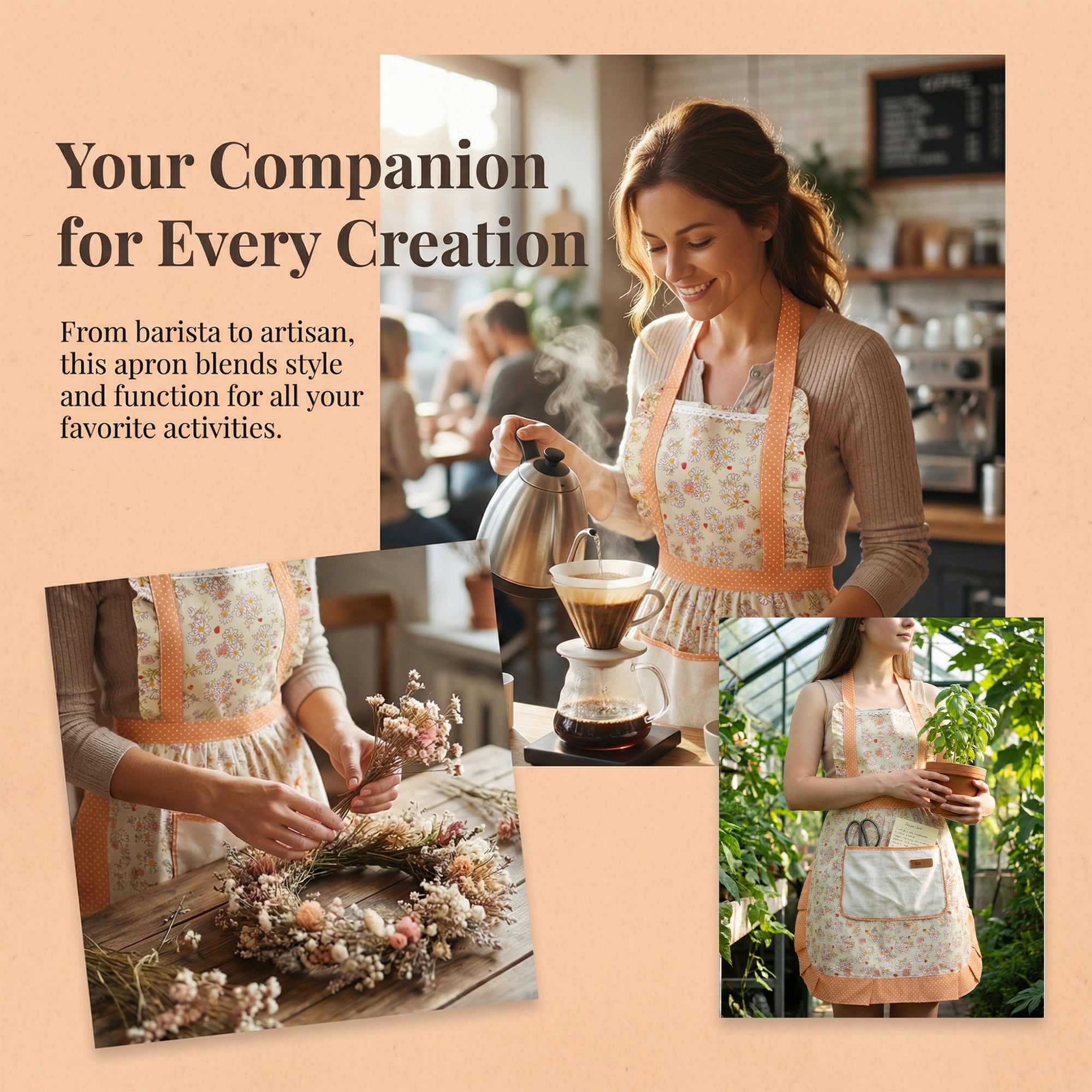 Unique Bargains Durable Floral Kitchen Apron with Pockets and Adjustable Tie Green