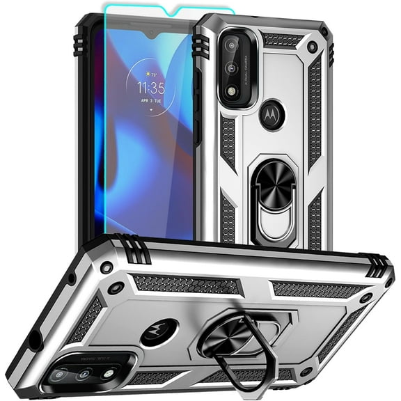 for Moto G Play 2023 Case: Moto G Pure Case, Moto G Power 2022 Case with HD Screen Protector, [Military Grade 16ft. Drop Tested] Ring Shockproof Protective Phone Case for Motorola G Pure, Sliver