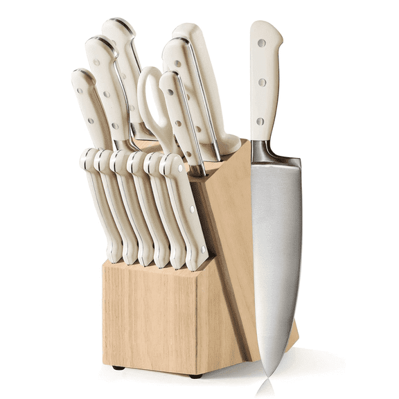 Jozram 14 Pcs Knife Set with Wooden Block Stainless Steel Knives with Ergonomic Handle, Forged