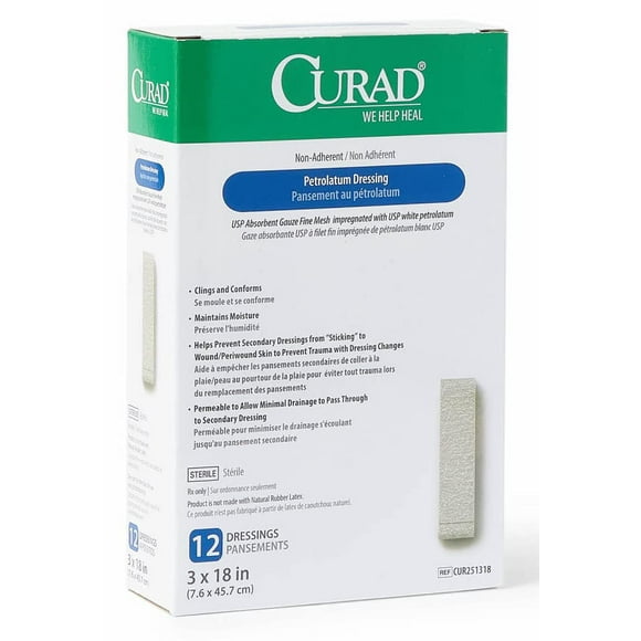 Curad Gaze Pétrolatum Sans Latex Stérile, 3 Pouces x 18 Pouces (Lot de 72)