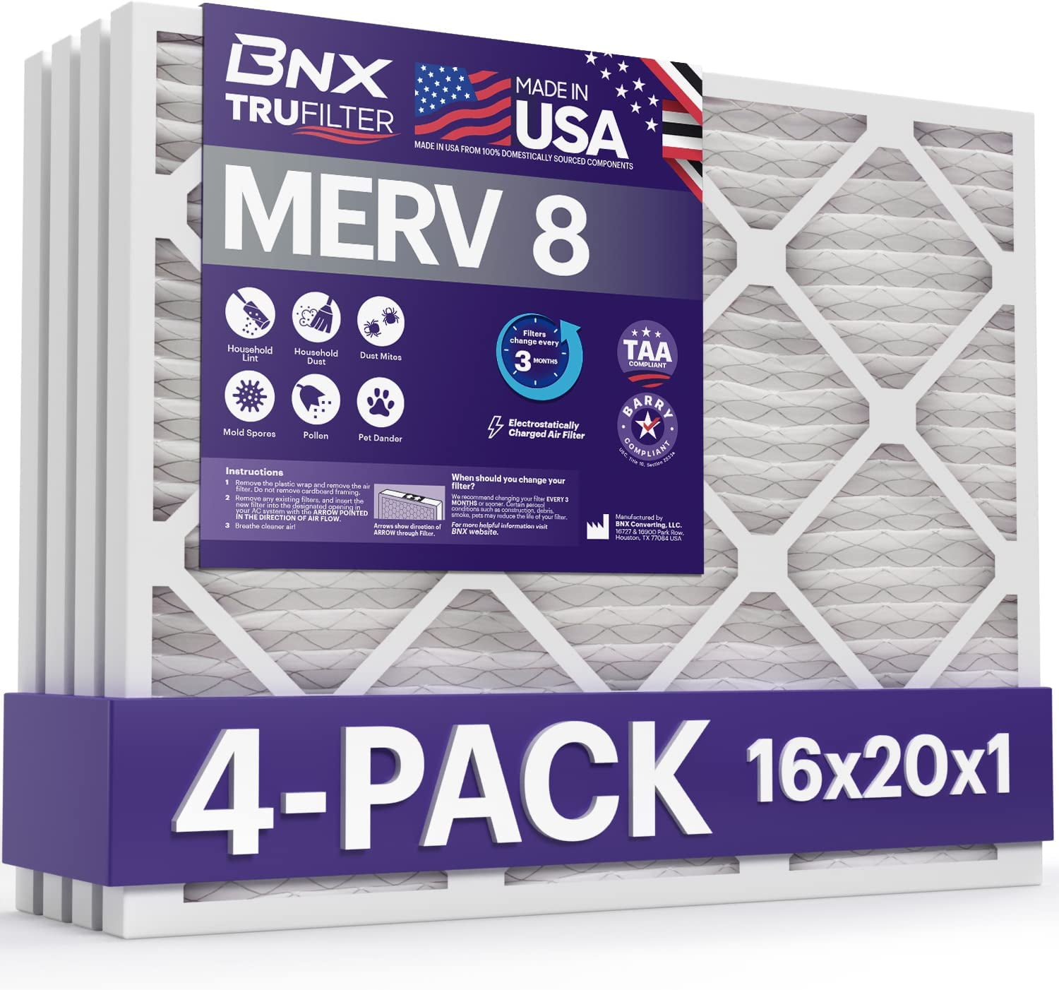 BNX 16x20x1 MERV 8 Air Filter 4 Pack MADE IN USA Electrostatic